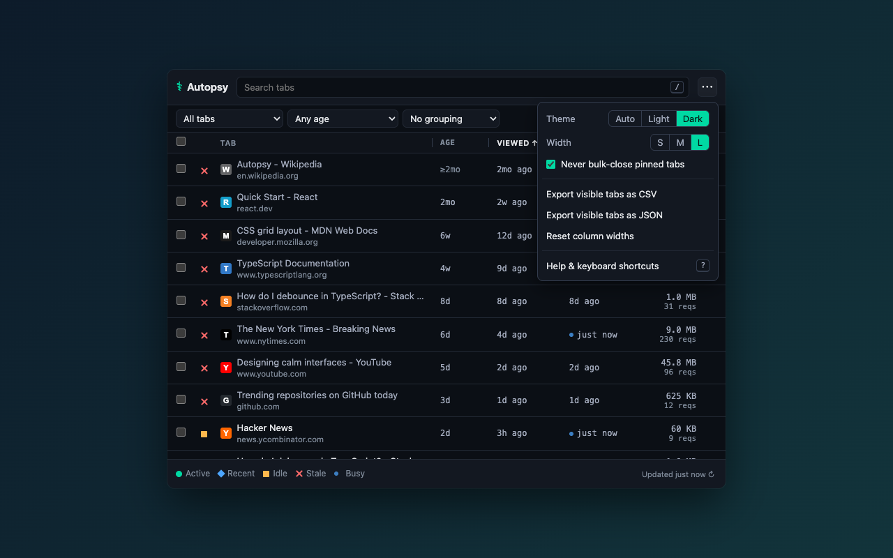 Settings menu with theme, width, pinned-tab protection and export